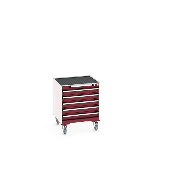 bott cubio Schubladenschrank mobil bestückt, mit 5 Schubladen, BxTxH: 650x650x785mm, RAL 7035/3004, Purpurrot, 40402027.24V