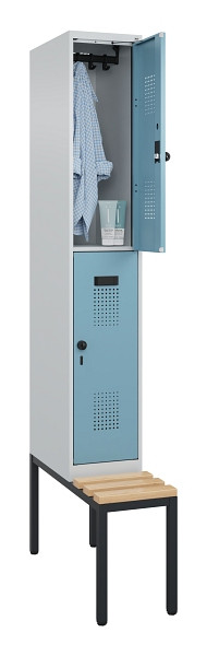 C+P Doppelstock-Spind Evolo PLUS, Bank, 2 Fächer, 2120x300x815mm, 7035/0010, Drehriegel, Sitzfläche Buche-Hartholz, Sitzbank, 0493507-10 S10009