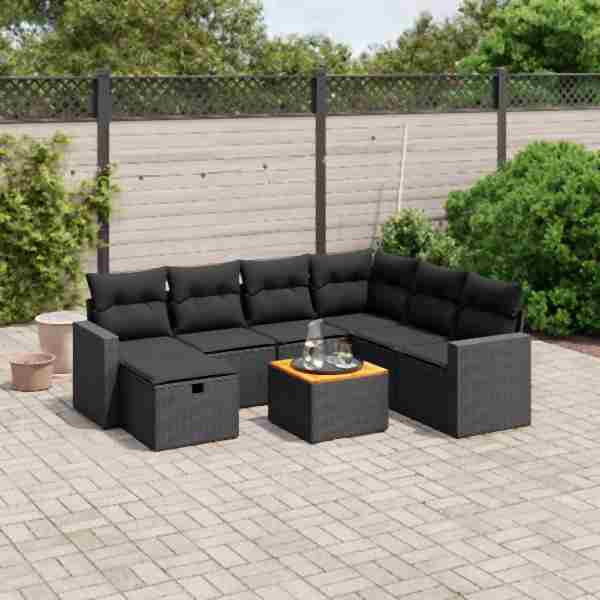 vidaXL 8-tlg. Garten-Sofagarnitur mit Kissen Schwarz Poly Rattan, UV-beständig, 3264849
