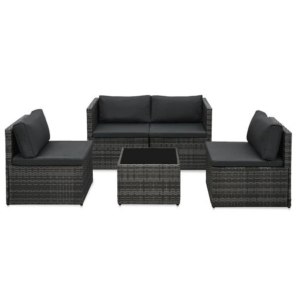 vidaXL 5-teilig Garten-Sofagarnitur mit Auflagen Poly Rattan Grau, 48148