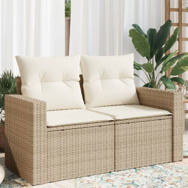 vidaXL Gartensofa mit Kissen 2-Sitzer Beige Poly Rattan, 366078