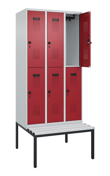 C+P Doppelstock-Spind Evolo PLUS, Bank, 6 Fächer, 2120x900x815mm, 7035/3003, Drehriegel, Sitzfläche Kunststoff, Sitzbank, 0493507-30 S10085