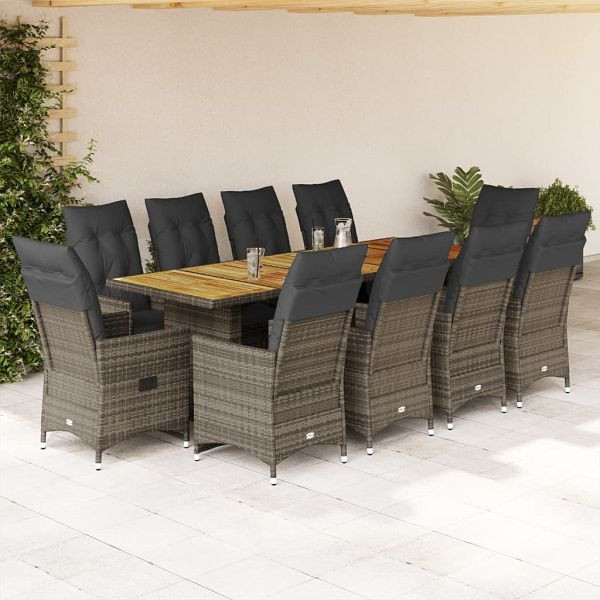 vidaXL 11-teilig Garten-Bistro-Set mit Kissen Grau Poly Rattan, 3277260