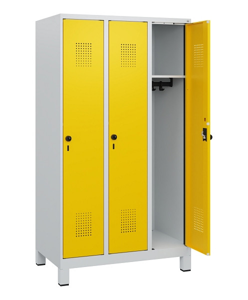 C+P Spind Evolo PLUS, Füße, 3 Abteile, 1630x900x500mm, 7035/1023, Drehriegel, 0490105-30 S10001