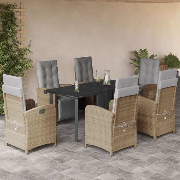 vidaXL 7-tlg. Garten-Essgruppe mit Kissen Beige Poly Rattan, 3212595