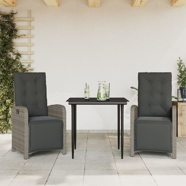 vidaXL 3-teilig Bistro-Set mit Kissen Grau Poly Rattan, 3212556
