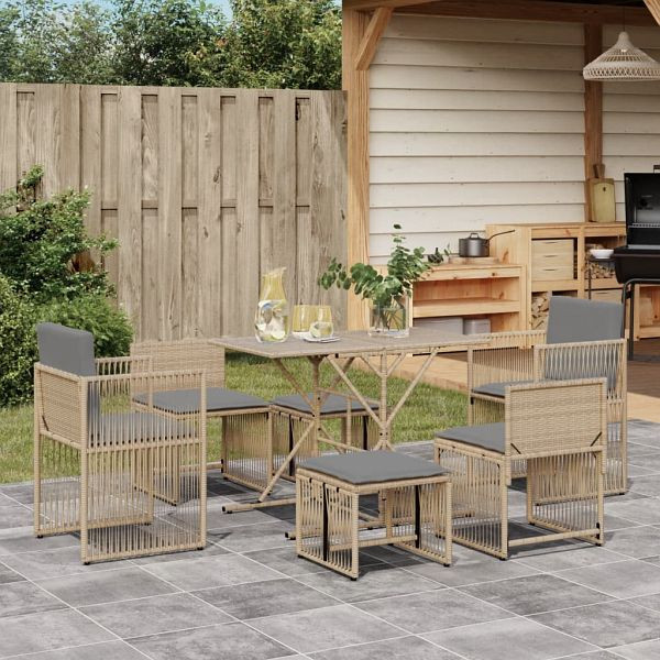 vidaXL 7-teilig Garten-Essgruppe mit Kissen Beige Poly Rattan, 369012