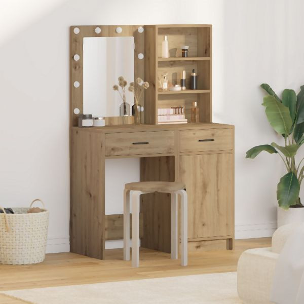 vidaXL 2-teiliges Schminktisch-Set mit LED Artisan Eichenholz Spanplatte, 3334280