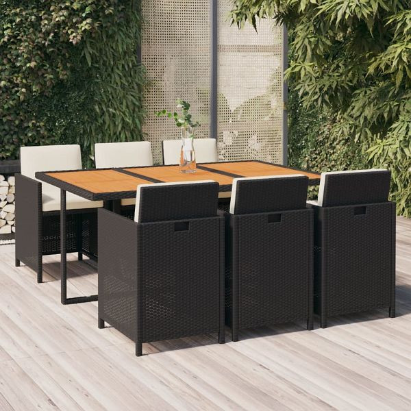 vidaXL 7-teilig Garten-Essgruppe mit Kissen Poly Rattan Schwarz, 3095545