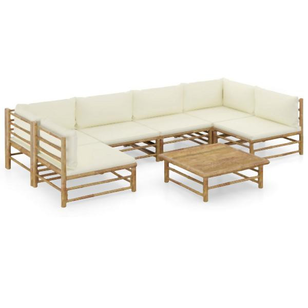 vidaXL 7-tlg. Garten-Lounge-Set mit Cremeweißen Kissen Bambus, 3058233