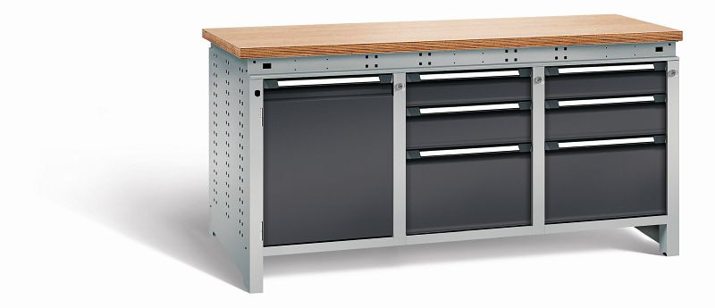 Otto Kind Werkbank Serie function Typ 311, Multiplexplatte 40 mm, bündig, 2x Unterbau + mittleres Feld, Gehäuse RAL 9006, Front RAL 9005, 07236613N
