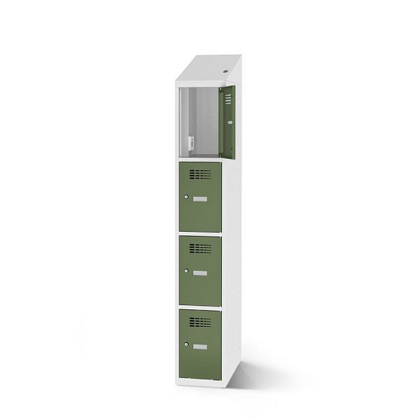 Rotstahl Fächerschrank, 4 Fächer, kurzer Sockel, mit Ladefunktion, Schrägdach, Korpus: lichtgrau, Türen: resedagrün, 2180-010400-0401112-7035-6011