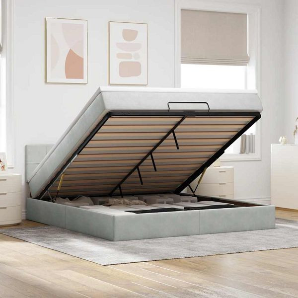 vidaXL Ottoman-Bett mit Matratze & LEDs Hellgrau 180x200 cm Samt, 3312638