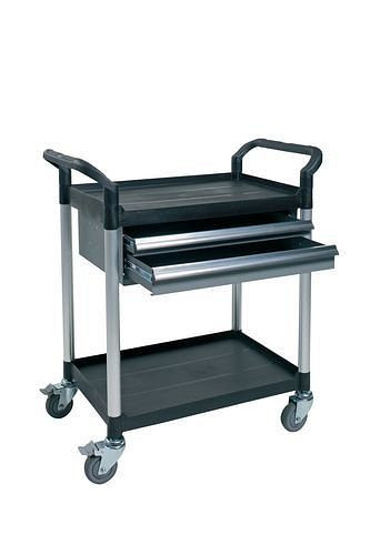 DENIOS Allzweckwagen TOOL, Rohre aus Aluminium gebürstet, 2 Etagen, 2 Schubladen, 180039