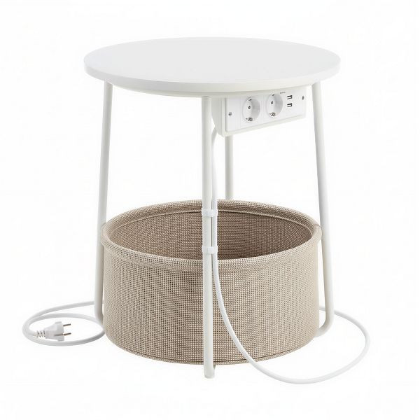 VASAGLE Kleiner runder Couchtisch, Beistelltisch mit Stoffkorb und Steckdosenleiste, Nachttisch, moderner Stil, mattweiß und Kamelbraun, LET228W02