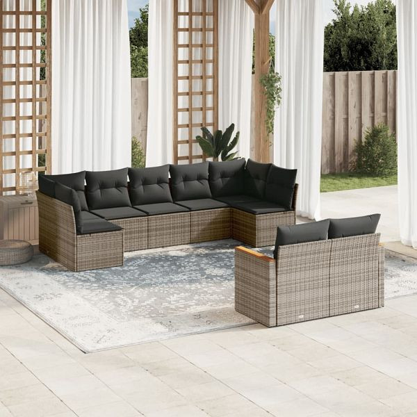 vidaXL 9-teilig Garten-Sofagarnitur mit Kissen Grau Poly Rattan, 3226291