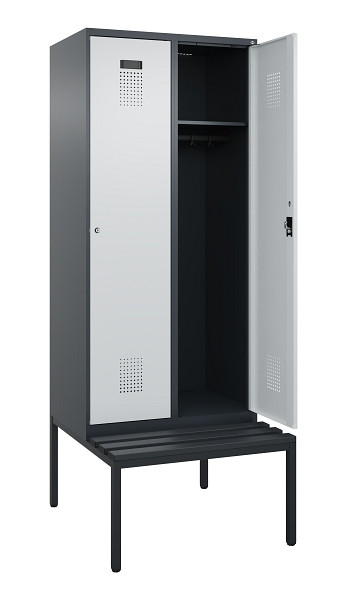 C+P Spind Evolo PLUS, 2 Abteile, 2120x800x815mm, 7016/7035, Haken 4, Zylinderschloss, Sitzfläche Kunststoff, Sitzbank, 0490507-22 S10098