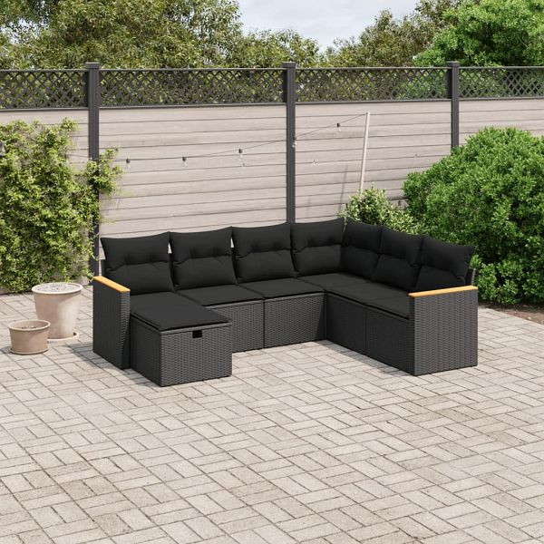 vidaXL 7-tlg. Garten-Sofagarnitur mit Kissen Schwarz Poly Rattan, 3265325