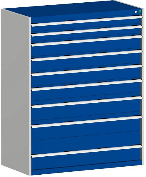 bott cubio Schubladenschrank bestückt mit 9 Schwerlastschubladen BxTxH: 1300 x 750 x 1600 mm, RAL 7035/5010, 40030076.11V