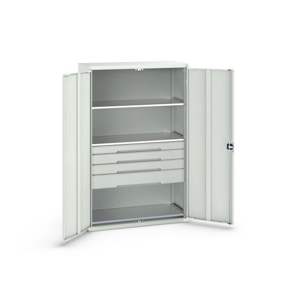 bott verso Flügeltürschrank mit Schubladen, mit 3 Fachböden und 4 Schubladen, BxTxH: 1300 x 550 x 2000 mm, Lichtgrau / Lichtgrau, 16926656.16
