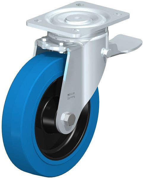 Blickle LH-POEV 200R-ST-SB Stahlblech-Lenkrolle, Schwerlast-Ausführung, mit Anschraubplatte & Feststeller, Elastik-Vollgummi, Blau, 750083