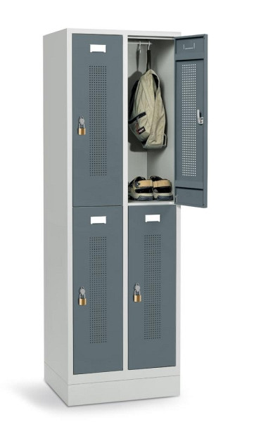 Deskin Doppelstöckiger Garderoben-Stahlspind mit Sockel, Blaugrau RAL 7031, 590 x 500 x 1800 mm, 4 Abteile, Korpus: Lichtgrau RAL 7035, 331444