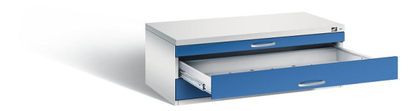 C+P Flachablageschrank Serie 7100_7200, H420xB1100xT765mm, Farbe: Lichtgrau / Enzianblau, Bügelgriff, 7100-100 S10093
