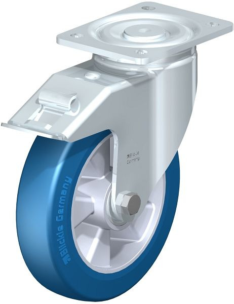Blickle LH-ALBS 200K-FI Stahlblech-Lenkrolle, Schwerlast-Ausführung, mit Anschraubplatte & Feststeller, Blickle Besthane® Soft, Blau, 741827