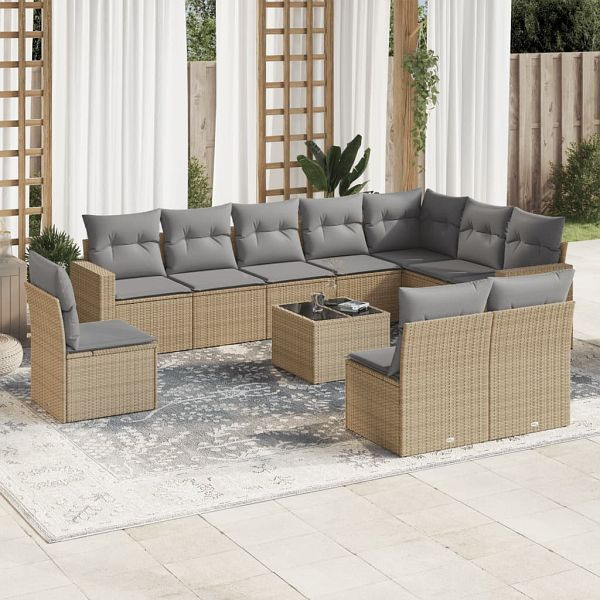 vidaXL 11-teilig Garten-Sofagarnitur mit Kissen Beige Poly Rattan, 3219109