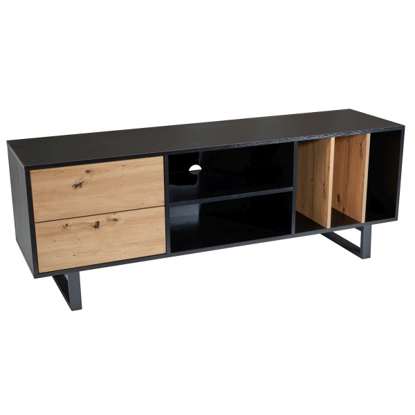 Wohnling Lowboard Schwarz mit Eiche-Dekor 150x55x40 cm TV-Kommode Modern, Fernsehtisch mit Schubladen & Regal, WL6.814