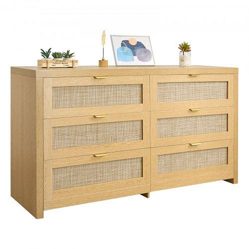 VEVOR Rattankommode mit 6 Schubladen & Metallgriffen, Rattanschrank (144,5x45x79,5 cm) für Schlafzimmer Wohnzimmer Flur, SLJYXTBCTJLLHTKHL001V0