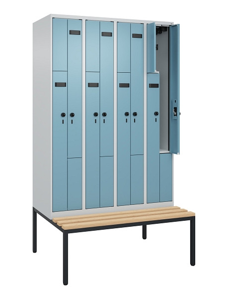 C+P Z-Spind Evolo PLUS, 8 Fächer, 2120x1200x815mm, 7035/0010, Drehriegel, Sitzfläche Buche-Hartholz, Sitzbank, 0490537-408 S10000