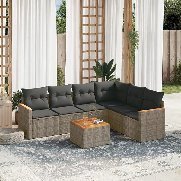 vidaXL 7-teilig Garten-Sofagarnitur mit Kissen Grau Poly Rattan, 3258413