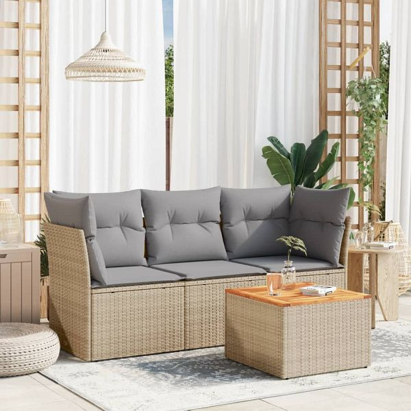 vidaXL 4-teilig Garten-Sofagarnitur mit Kissen Beige Poly Rattan, 3223469