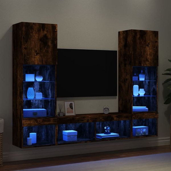 vidaXL 5-tlg. Wohnwand mit LED-Beleuchtung Räuchereiche Holzwerkstoff, 3216694