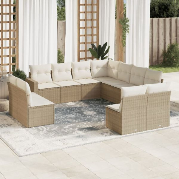 vidaXL 11-tlg. Garten-Sofagarnitur mit Kissen Beige Poly Rattan, 3219118