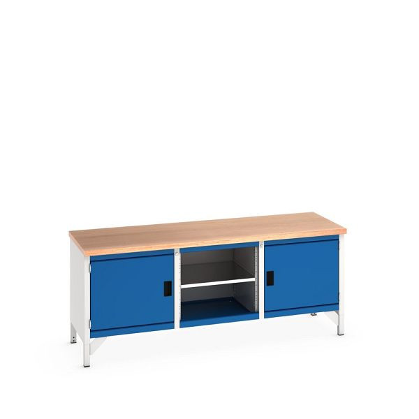 bott cubio Kastenwerkbank, 2 Türen, 3 Ablagen, Multiplex-Arbeitsplatte, BxTxH: 2000x750x840mm, RAL 7035/5010, Enzianblau, 41002049.11V