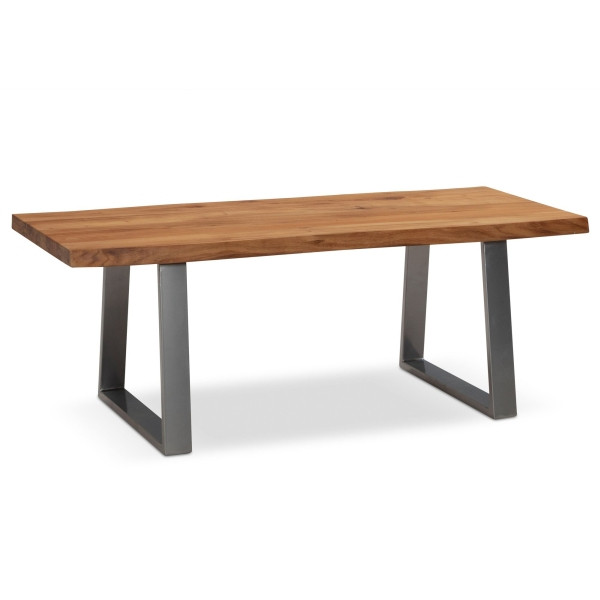 Wohnling Couchtisch 120x60x46 cm Akazie Massivholz/Metall Baumkante, Wohnzimmertisch Rechteckig, Kaffeetisch mit Trapezbeinen in Chrom, WL7.282