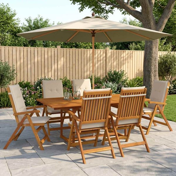vidaXL Essgruppe für draußen mit Sonnenschirm 8-teilig Cremeweiß, 3438554
