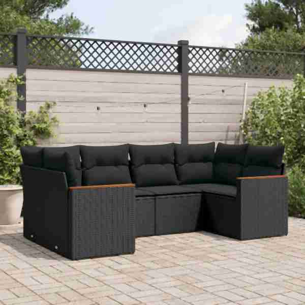 vidaXL 6-tlg. Garten-Sofagarnitur mit Kissen Schwarz Poly Rattan, UV-beständig, 3258660