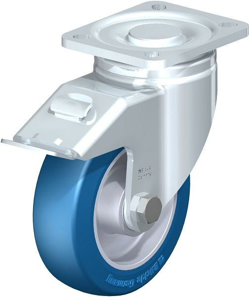 Blickle LH-ALBS 125K-1-FI Stahlblech-Lenkrolle, Schwerlast-Ausführung, mit Anschraubplatte & Feststeller, Blickle Besthane® Soft, Blau, 743722