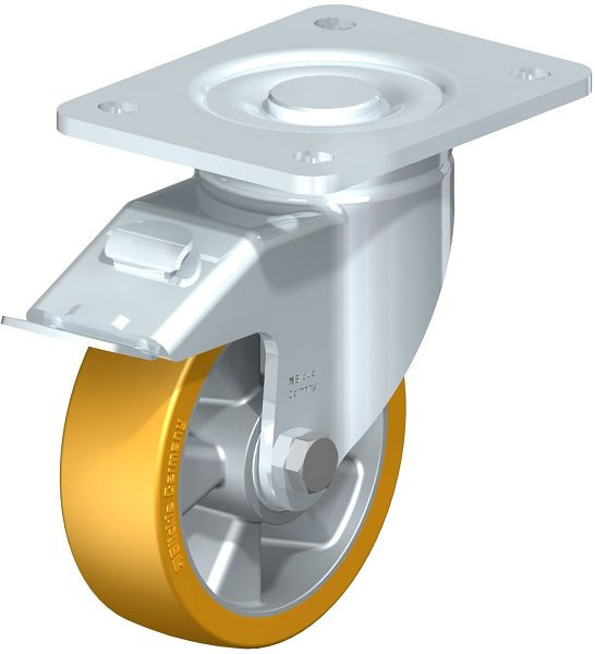 Blickle LH-ALTH 125K-3-FI Stahlblech-Lenkrolle, Schwerlast-Ausführung, mit Anschraubplatte & Feststeller, Blickle Extrathane®, Hellbraun, 626879