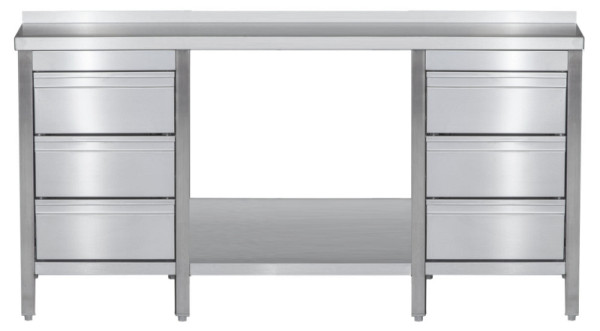 A&S Gastro Edelstahl Arbeitstisch mit Aufkantung, Schubladenblock links & rechts Bautiefe 800mm, mit Grundboden, AISI 304, 1600 x 800 x 850 mm, ARTGASLR168