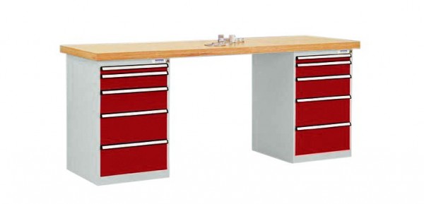 Manuflex Werkbanksystem COMBI, 2 Gehäuse Modell 1 mit massiver Bucheplatte, BxTxH = 2000 x 700 x 840 mm, Rubinrot, TP5092.3003