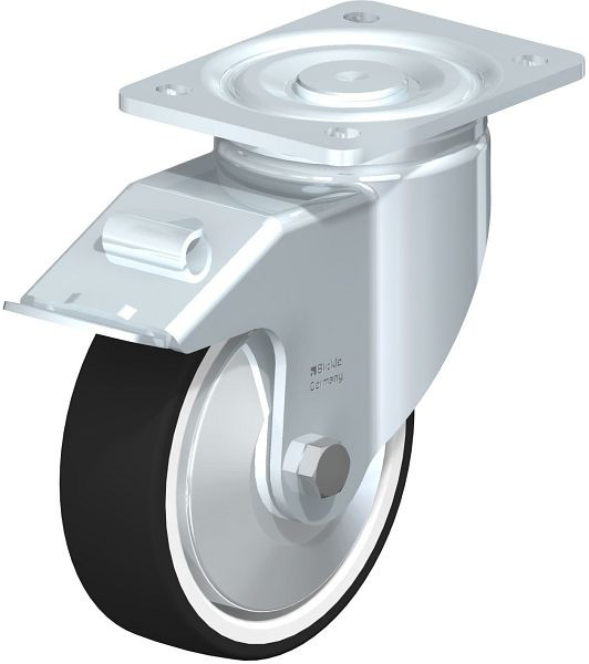 Blickle LH-POTH 150K-FI-FA Stahlblech-Lenkrolle, Schwerlast-Ausführung, mit Anschraubplatte & Feststeller, Thermoplastisches Polyurethan, Grau, 750109