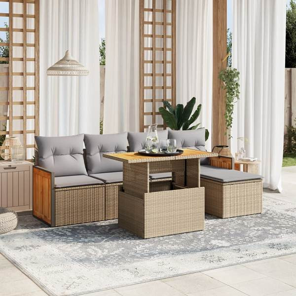 vidaXL 6-tlg. Garten-Sofagarnitur mit Kissen Beige Poly Rattan, UV-beständig, 3273936