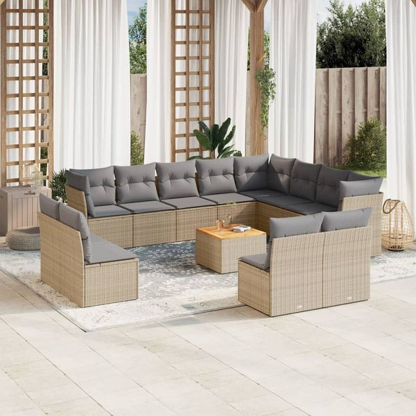 vidaXL 13-teilig Garten-Sofagarnitur mit Kissen Beige Poly Rattan, 3223931