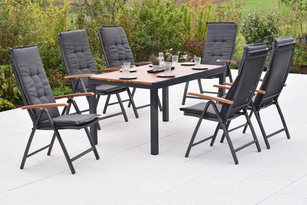 Merxx Thasos Set 13-teilig, 6 Thasos Klappsessel, 6 Auflagen, uni grau, 1 Ausziehtisch, 150 (200) x 90 cm, 50957-800