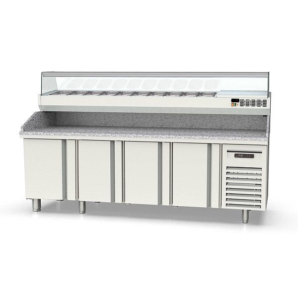 Vaiotec TOPLINE Pizzatisch 800 / 4-fach mit Türen, EN 60x40, Granitplatte grau, inkl. Kühlaufsatz, GN 1/4, Breite: 2545 mm, 11631