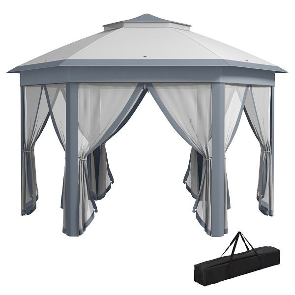 Outsunny Gartenpavillon 4 x 4 m Pop-Up-Zelt inkl. Tragetasche 6 Seitenteile Doppeldach sechseckig grau, 84C-120GY